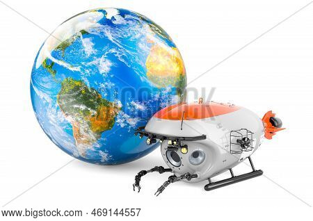 Bathyscaphe With Earth Globe, 3d Rendering Isolated On White Background