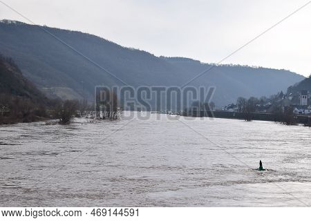 The Winter Flood Of The Moselle Below River Lock Lehmen