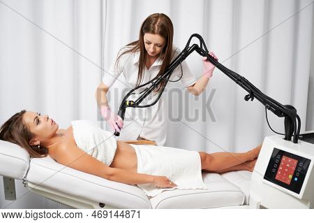 Doctor Cosmetologist Using Erbium Ablative Laser Machine While Performing Lifting Procedure On Femal