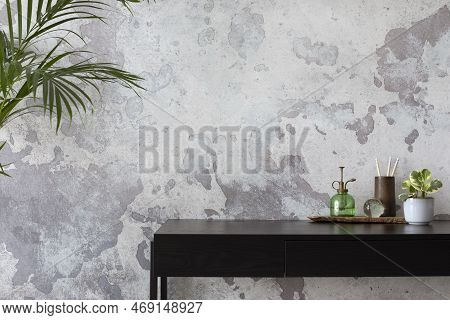 Minimalist Composition Of Industriall Home Office Interior With Copy Space, Black Desk, Plant In Flo