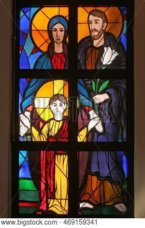 Sesvetska Sela, Croatia - June 15, 2012: Holy Family, Stained Glass In The Parish Church Of Saint An
