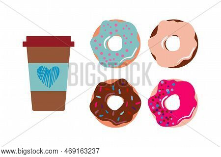 A Cup Of Coffee In A Disposable Paper Cup And Delicious Glazed Donuts. Coffee And Donuts To Go. Vect