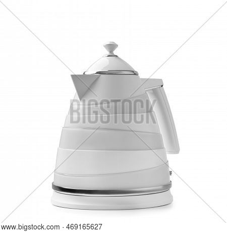 Plastic Electric Kettle On Isolation. Modern Electric Kettle. Light Teapot On A White Background. Ho