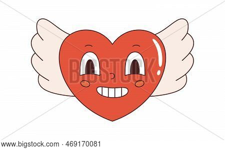 Vector y2k happy heart shaped character with wings in retro style. Happy Valentines day. Love and romantic. Funny vintage flying heart in flat design.