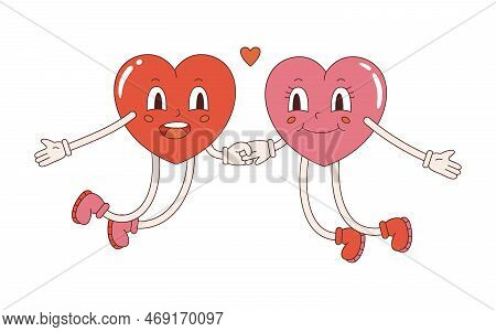 Vector hearts couple in retro style. Y2k pink and red hearts sticker. Happy Valentines day. Love illustration in flat design. Two 70s happy jumping hearts.