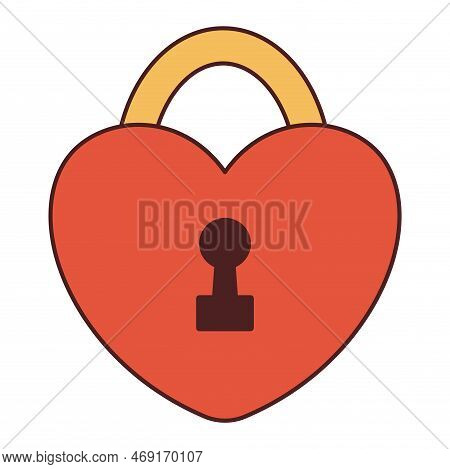 Vector heart shaped lock in retro style. Red padlock y2k. Happy Valentines day. 70s 90s.