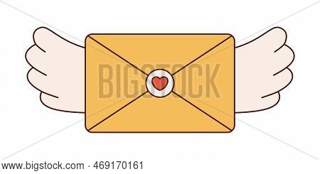 Vector love letter with wings in retro style. Vintage yellow flying envelope 70s. Valentines day. Love and romance. Y2k envelope with heart in flat design.