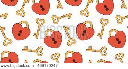 Vector retro seamless pattern with heart shaped gold key and red lock. Valentines day. Love and romance. Background in y2k or 70s style. Pattern with hearts.