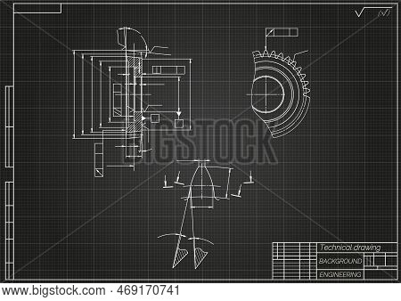 Mechanical Engineering Drawings On Light Background. Gear Cutting Tool. Technical Design. Cover. Blu