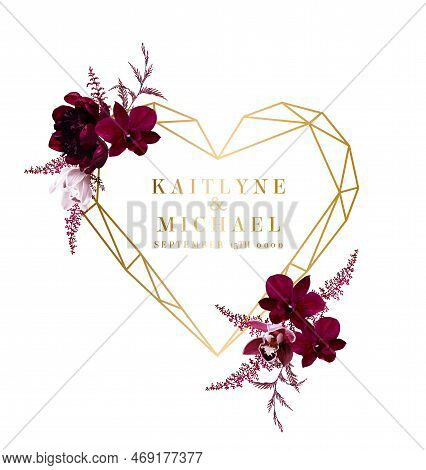 Viva Magenta Dark Exotic Orchid, Burgundy Red Astilbe On White Vector Design Frame