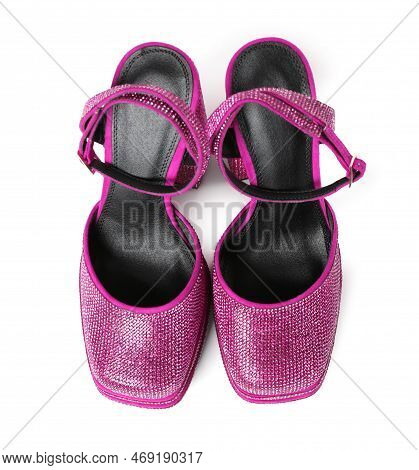 Fashionable Punk Square Toe Ankle Strap Pumps Isolated On White, Top View. Shiny Party Platform High