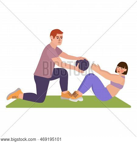 Sport People Individual Personal Trainer Coach In Gym. Men Women Training Exercising Fitness Center 