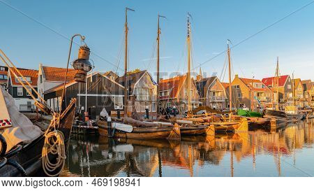 Urk Flevoland Netherlands Sunset At The Lighthouse And Harbor Of Urk Holland. Fishing Village Urk