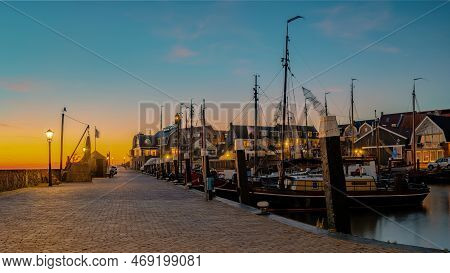 Urk Flevoland Netherlands Sunset At The Lighthouse And Harbor Of Urk Holland. Fishing Village Urk