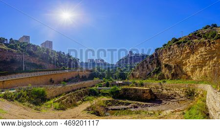 View Of Water Reservoir, And Highways, In The Nahal Giborim (wadi Rushmiya) Valley, Haifa, Israel