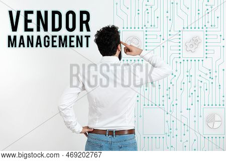 Text Sign Showing Vendor Management. Word For Activities Included In Researching And Sourcing Vendor