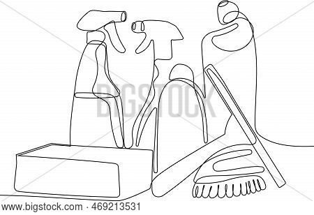 Continuous One Line Drawing Of Bottles For Liquid Laundry Detergent, Bleach, Fabric Softener, Dishwa