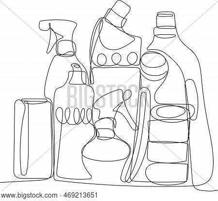 Continuous One Line Drawing Of Bottles For Liquid Laundry Detergent, Bleach, Fabric Softener, Dishwa