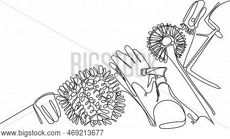 Continuous One Line Drawing Of Bottles For Liquid Laundry Detergent, Bleach, Fabric Softener, Dishwa