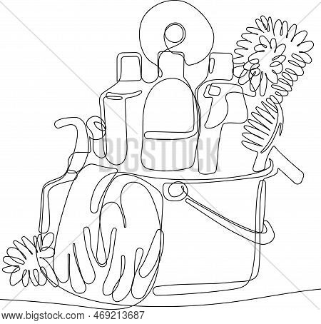 Continuous One Line Drawing Of Bottles For Liquid Laundry Detergent, Bleach, Fabric Softener, Dishwa