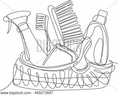 Continuous One Line Drawing Of Bottles For Liquid Laundry Detergent, Bleach, Fabric Softener, Dishwa