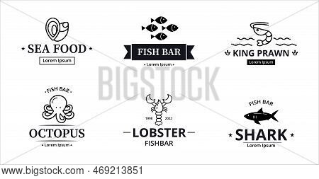 Sea Fish Logo. Fresh Marine Food. Black Silhouette Emblem For Deep Maritime Business With Water Anim