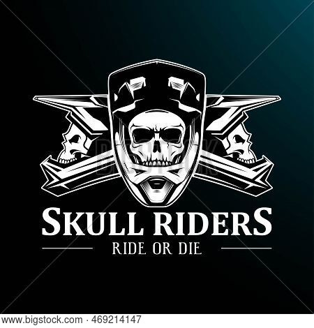 Cool Black And White Skulls In Motocross Helmets Vector Illustration For Motorsport, Mountain Biking