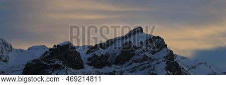 Mount Schluchhore At Dusk. Winter Scene In The Swiss Alps.