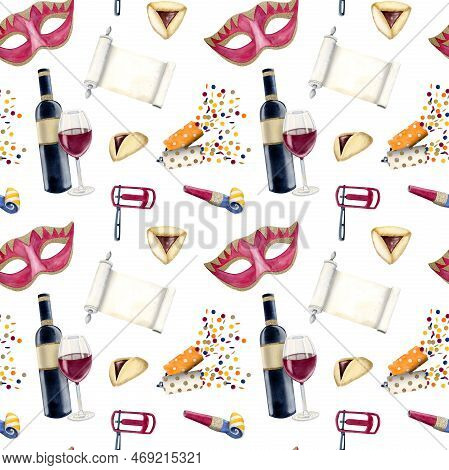 Purim Symbols Seamless Pattern With Carnival Watercolor Elements. Kosher Wine, Magilat Esther, Masks