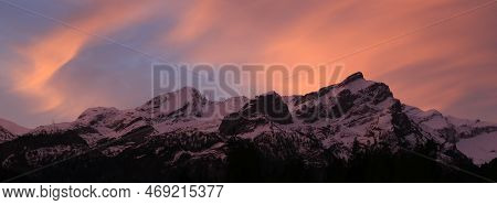 Sunrise Scene In Gsteig Bei Gstaad. Switzerland.
