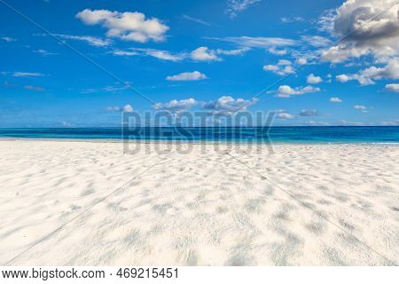 Tranquil Closeup Sea Sand Beach. Panoramic Beach Landscape. Inspire Tropical Beach Seascape Horizon.