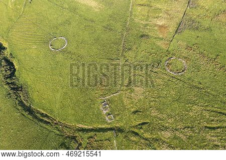 Aerial Views Of Ruins And Round Sheepfolds At Gortmore In Northern Ireland