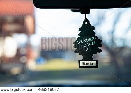 Miercurea Ciuc, Romania- 21 January 2023: Hanging Wunder Baum Black Ice Air Freshener On Car Interio