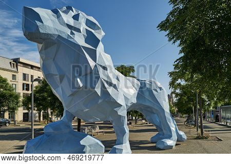 Bordeaux, France - August 17, 2019: The Polystirene Composite Blue Lion By Xavier Veilham In  Stalin