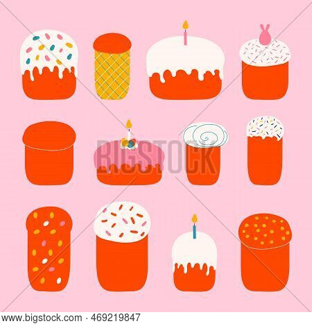 Set Of Easter Cakes Vector Illustration Isolated On Pink