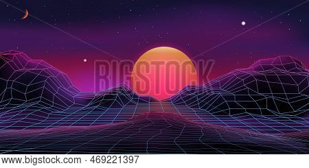 Retro Game, Neon Music Party Background. Techno Style, Future Electronic Rave, Line Wave Space, 90s 