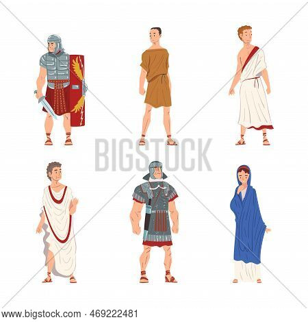Ancient Roman People Characters With Soldier And Noble Citizens In Long Tunic Vector Set