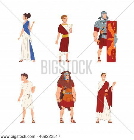 Ancient Roman People Characters With Soldier And Noble Citizens In Long Tunic Vector Set