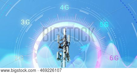 Telecommunication Tower With 4g, 5g Transmitters. Cellular Base Station With Transmitting Antennas O