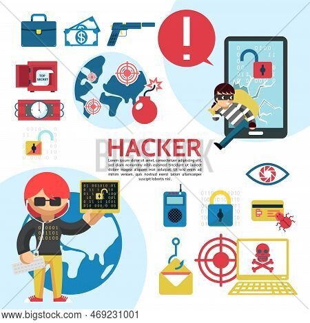 Flat Hacking Template With Hackers Safe Dynamite Briefcase Lock Eye Scanning Remote Control Laptop B