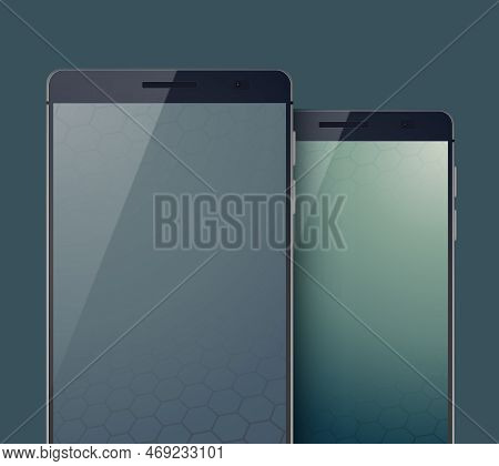 Modern Mobile Design Concept With Two Stylish Black Smartphones On Gray Background Vector Illustrati