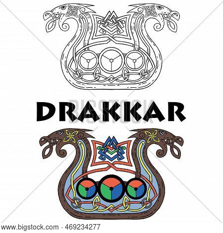 Viking Drakkar. Drakkar Ship , Vector Illustration, Isolated On Black.
