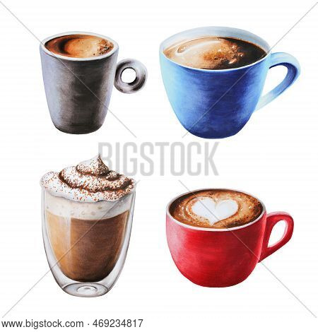 Watercolor Set Of Coffee In Porcelain Cups. Hand Painting Espresso, Americano, Latte, Raff, Take Awa