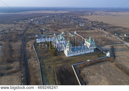 Ancient Nikolo-vyazhishchi Monastery In April Landscape (aerial View). Vyazhishi, Novgorod Region. R
