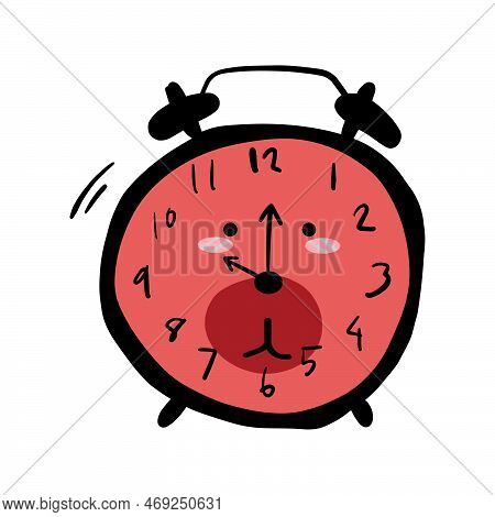 Red Alarm Clock, Alarm Clock 10 Pm, 10:00 P.m. Hand Draw Doodle Cartoon Character Style
