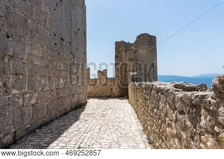 Calascio, Italy-august 9, 2021:particular Of The Ruins Of Rocca Calascio During A Sunny Day