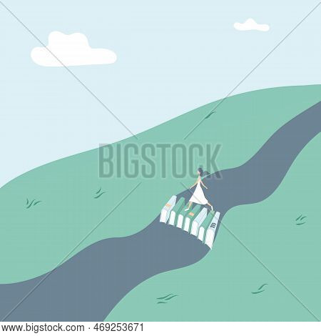 Concept: Book Is Source Of Knowledge.tiny Girl Like Fairy Crosses River On Bridge Consisting Of Book