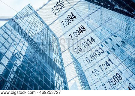 Stock Market Changes, Business Chart With Numbers. Double Exposure With Building Skyscrapers In Lond