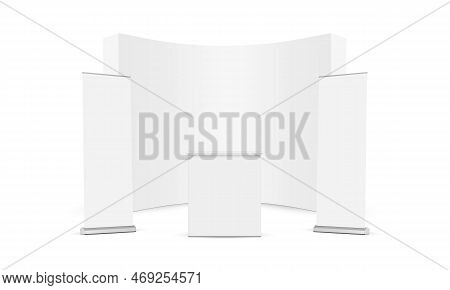 Blank Pop Up Display Stand With Table And Roll Up Banners Mockup, Isolated On White Background. Vect