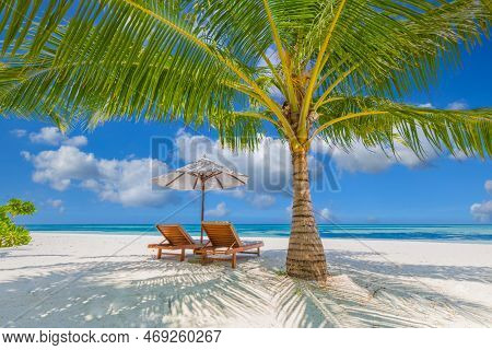 Amazing Tropical Island Shore, Love Couple Sun Beds Loungers, Umbrella Palm Tree On White Sand, Sea 